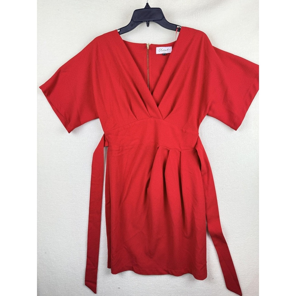 Closet London Dress Womens Size 8 Red Wrap V Neck Fit & Flare Short Mini Belted